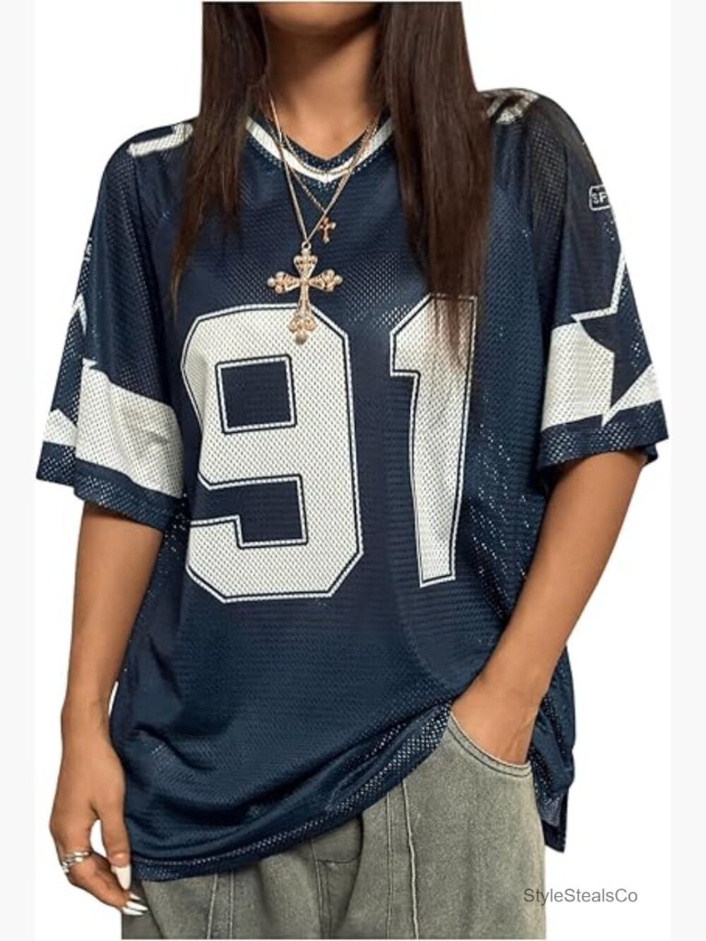 Graphic Football Jersey Top V Neck Short Sleeve Loose Fit T Shirt Streetwear